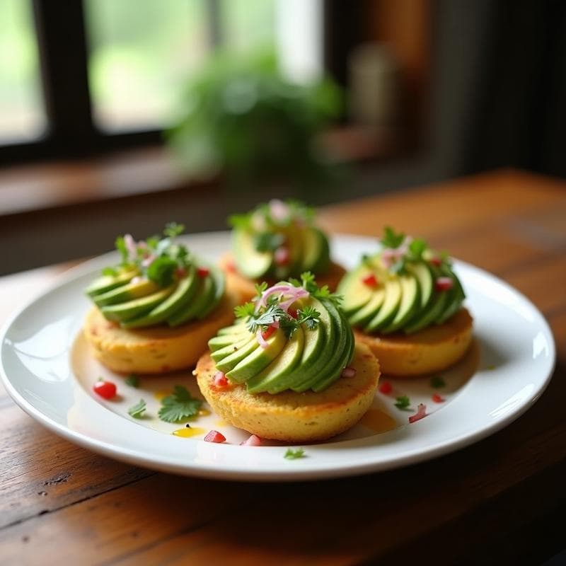 Arepas doradas de yuca abiertas por la mitad, rellenas de rodajas de palta en tiradito con cebolla morada, cilantro y limón, sobre un plato de cerámica blanca con fondo rústico de madera.
