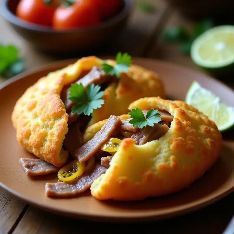 Arepas doradas de yuca abiertas por la mitad, rellenas de tiradito de res en láminas finas, marinado en ají amarillo, decoradas con cilantro fresco y rodajas de limón sobre un plato de madera rústica.
