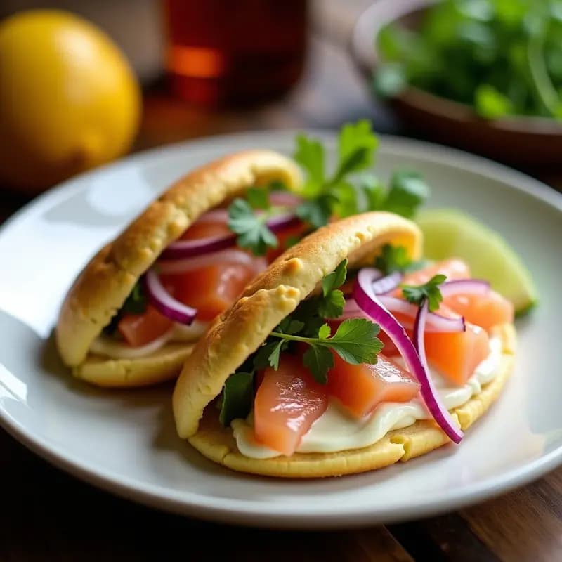 Plato gourmet con arepas de yuca doradas y crujientes rellenas de tiradito de salmón en láminas finas, cebolla morada, cilantro y aguacate, servidas en un plato blanco con microgreens como decoración.