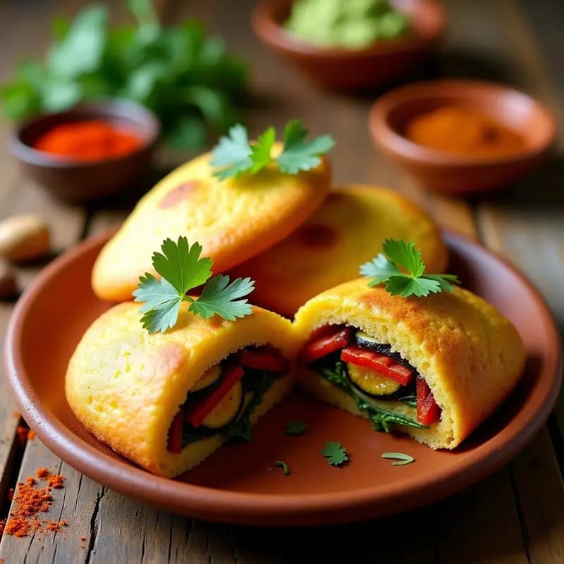 Arepas doradas de yuca rellenas de tiras coloridas de berenjena, calabacín y pimientos asados, servidas en un plato de madera rústico con un toque de aceite de oliva. Receta colombiana keto sin gluten.