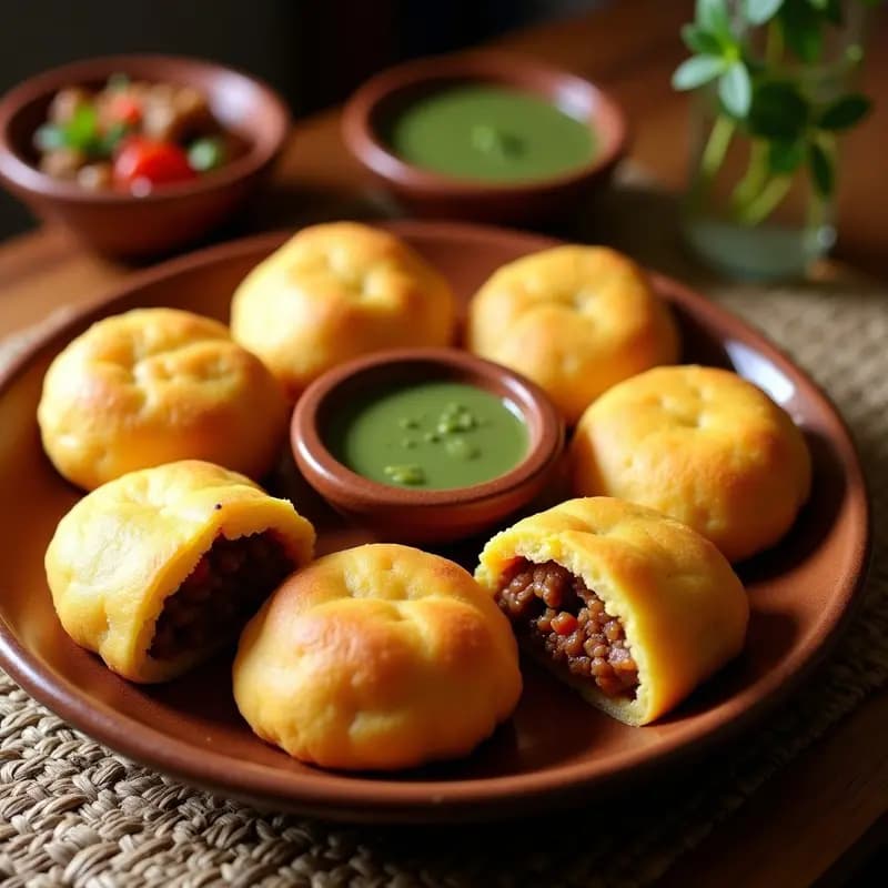 Arepas doradas de yuca rellenas de picadillo de Sincelejo, servidas en un plato de barro con un toque de ají verde al lado. Receta colombiana sin gluten.