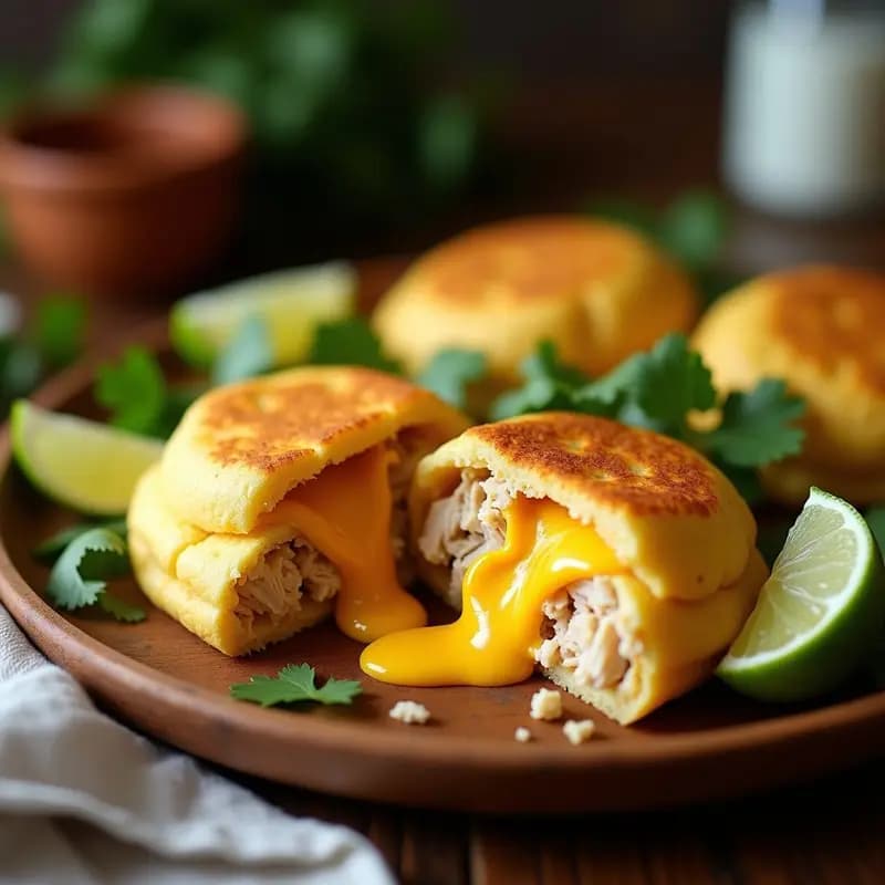 Arepas doradas de yukka cortadas por la mitad, rellenas de pollo desmechado jugoso y queso amarillo derretido, sobre un plato de madera rústico con cilantro fresco y rodajas de limón. Desayuno colombiano sin gluten.