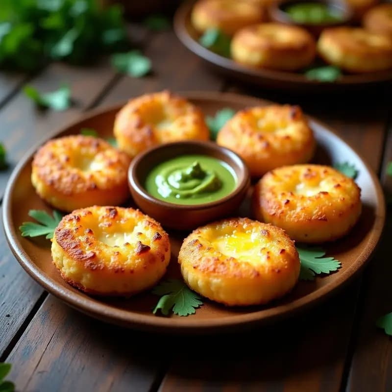 Arepo Maleñas doradas y crujientes en un plato de madera, con trozos de queso de cabra fundido asomando por los bordes. Acompañadas de una salsa verde y cilantro fresco, receta colombiana en airfryer sin gluten.