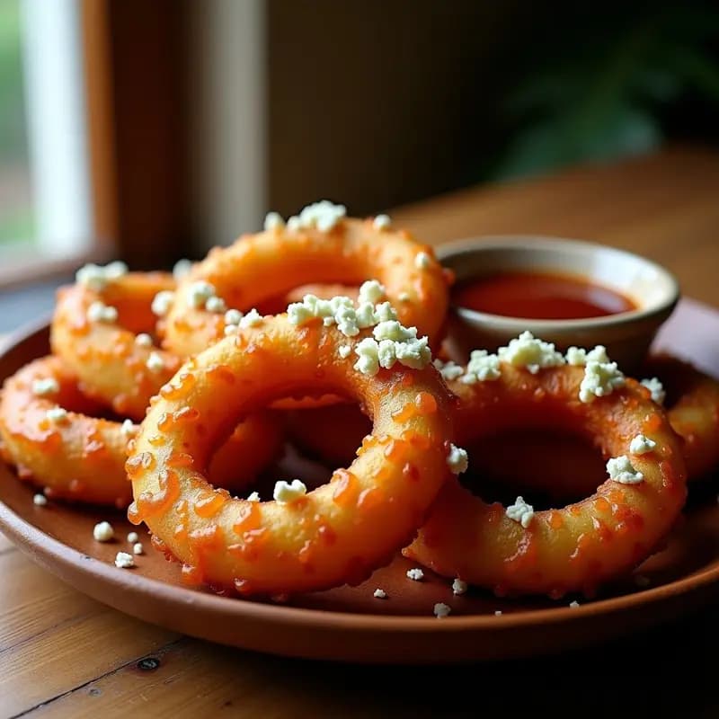 Aros de cebolla gigantes dorados y crujientes con rebozado de cerveza negra, cubiertos de queso azul desmenuzado derritiéndose, servidos con salsa barbacoa en un plato rústico.