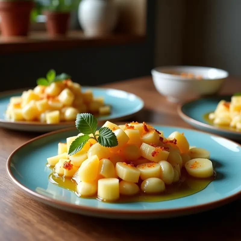 Aros de cebolla gigantes dorados y crujientes cubiertos con queso azul derretido y bañados en salsa espesa de miel y mostaza, servidos en bandeja negra con fondo de madera rústica.