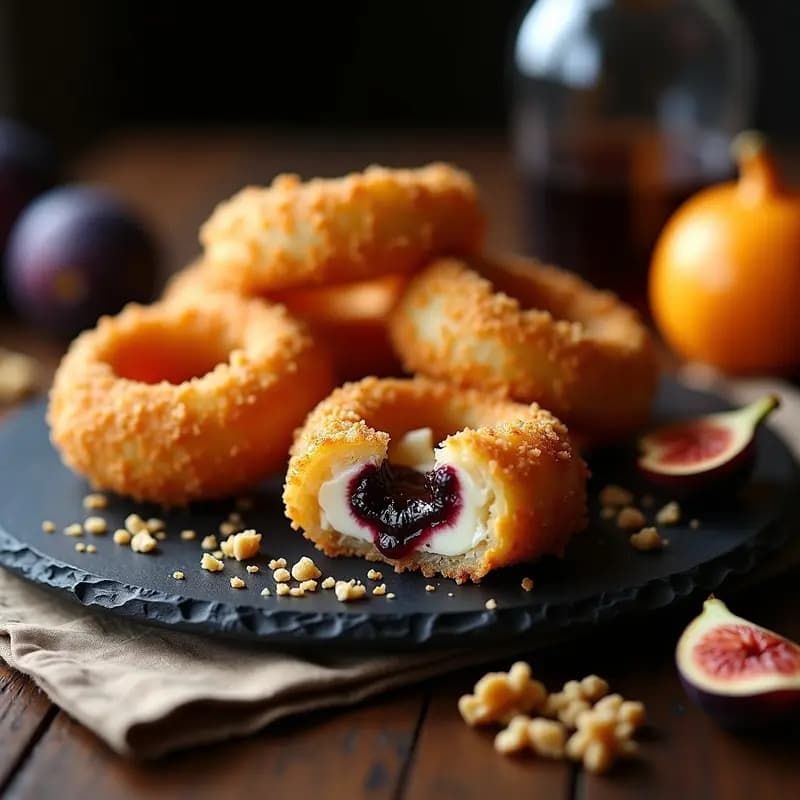 Aros de cebolla dorados y crujientes rellenos de queso azul cremoso y mermelada de higos, servidos en un plato oscuro con salsa de higos para mojar. Entrante gourmet frito con textura perfecta.