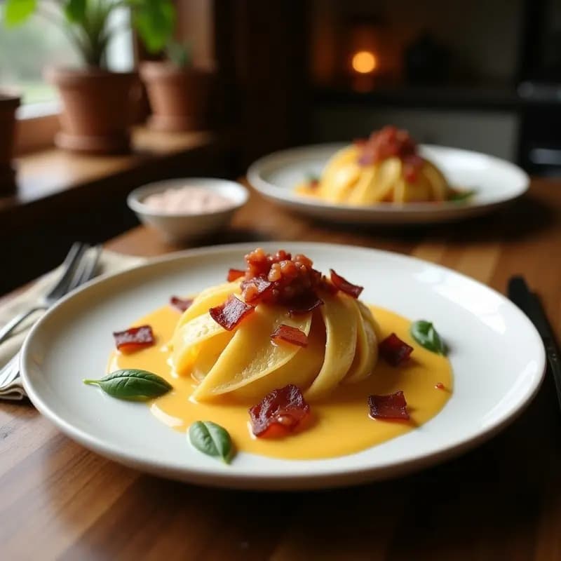 Plato de aros de cebolla dorados y crujientes servidos en una bandeja de madera con un bol de salsa espesa de queso fundido y trocitos de bacon, aperitivo irresistible para fiestas.