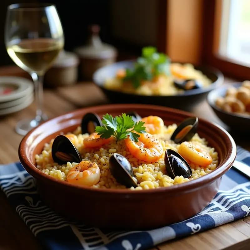 Plato hondo de cerámica blanca con arrocito valdiviano cremoso, mariscos (mejillones, almejas y gambas) y queso fundido, decorado con perejil fresco y una rodaja de limón, sobre un mantel rústico de lino.