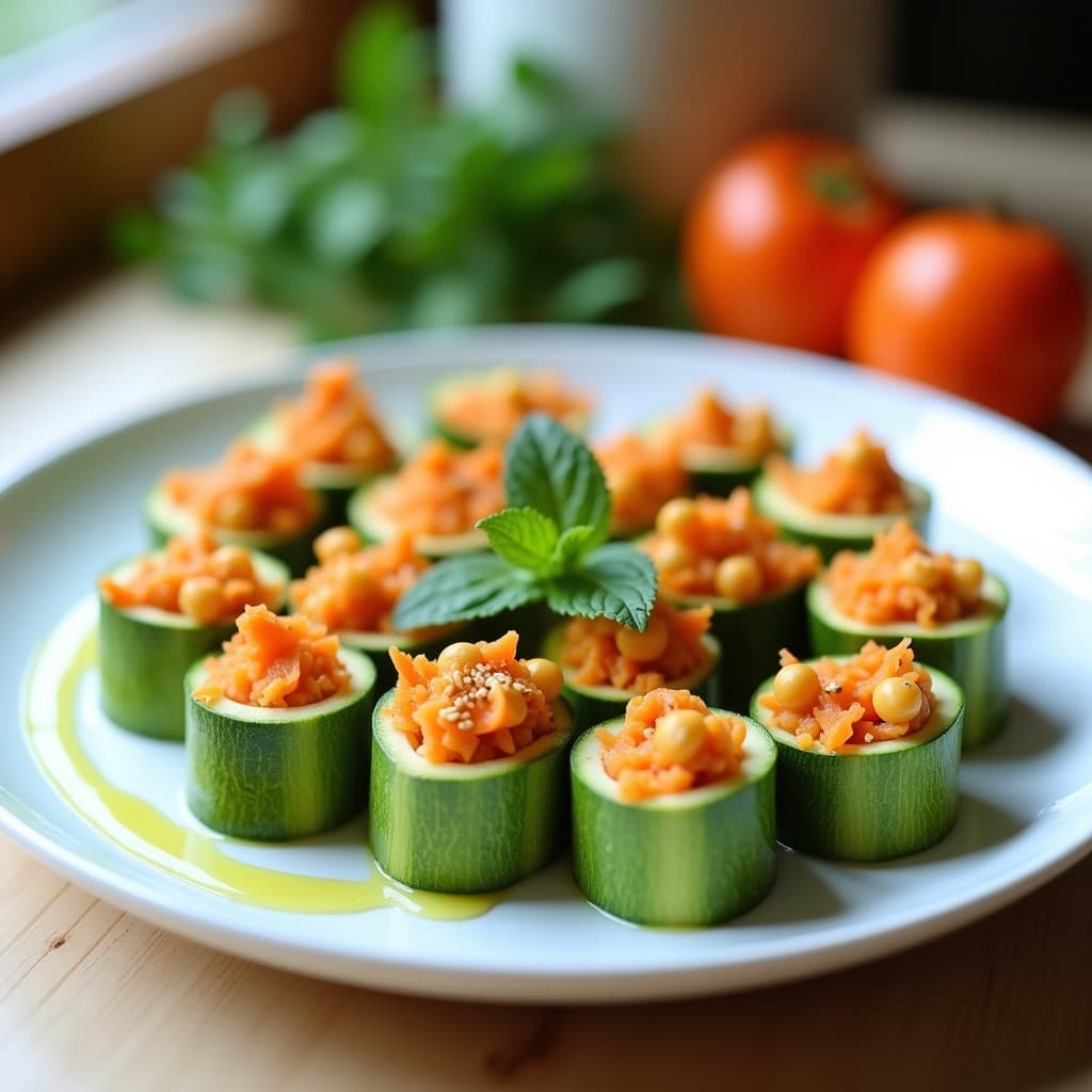 Plato blanco con arrollados de calabacín rellenos de garbanzos y zanahoria rallada, espolvoreados con semillas de sésamo tostadas. Receta vegana sin cocción, fresca y colorida, servida sobre hojas de lechuga.