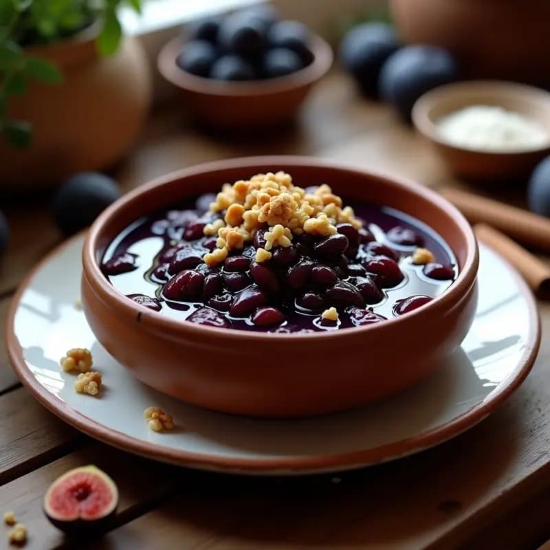 Bol de cerámica rústica con arrope de uvas y higueras, postre argentino tradicional sin horno, de color oscuro y textura espesa, decorado con nueces picadas y una rama de canela al lado.