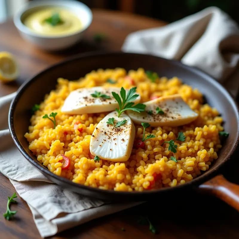 Paellera de barro con arroz a banda alicantino baja en calorías, trozos de rape blanco cocido sobre un lecho de arroz meloso, decorado con perejil fresco y acompañado de un cuenco pequeño con alioli ligero cremoso.