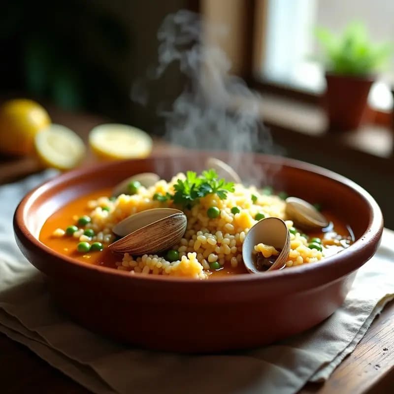 Cazuela de barro humeante con arroz caldoso, almejas abiertas y guisantes verdes, decorado con perejil fresco. Plato típico de la costa vasca con caldo aromático y textura cremosa.