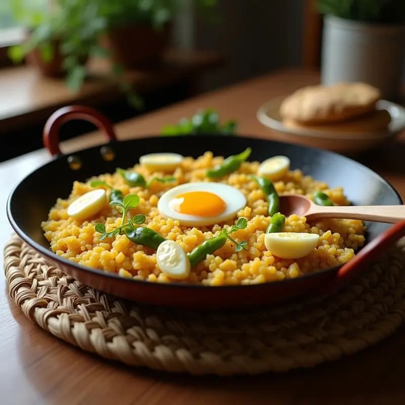 Paellera de barro con arroz a banda meloso, alcachofas en cuartos, trozos de ñora y huevo duro picado por encima, servido en un mantel rústico de esparto.