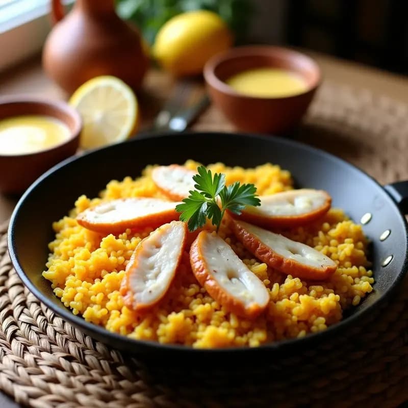 Paellera de barro con arroz a banda alicantino, rodajas de rape dorado, alioli cremoso en un cuenco pequeño y perejil fresco espolvoreado. Plato tradicional de pescadores con caldo intenso y textura melosa.