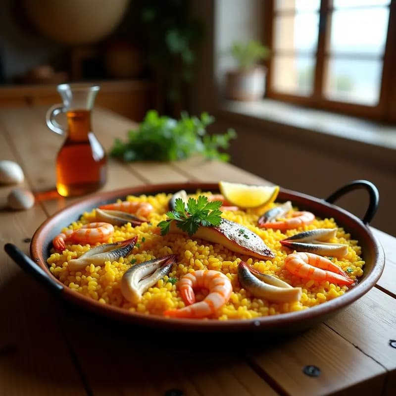 Paellera de barro con arroz a banda alicantino dorado por el azafrán, acompañado de filetes de merluza, gambas y calamares. Plato tradicional de pescadores con toque rústico y colorido.