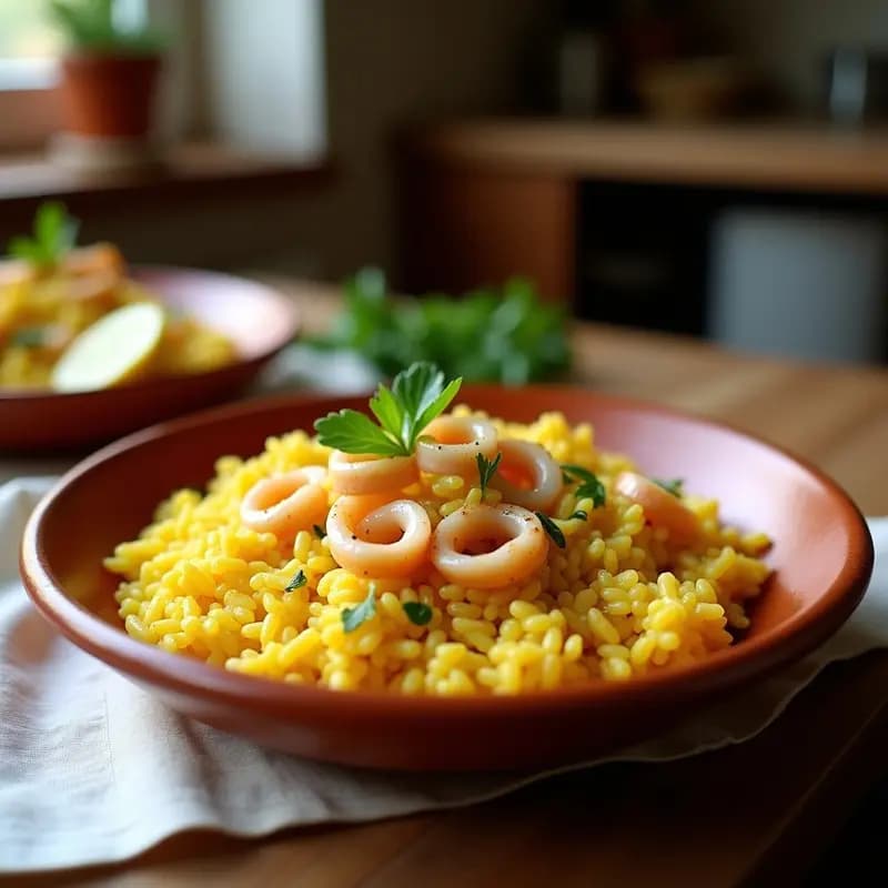 Plato hondo de barro con arroz a banda con azafrán y calamares, de color dorado intenso, calamares tiernos y un toques de perejil fresco. Receta alicantina auténtica y tradicional.