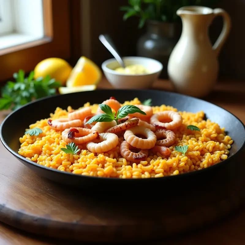 Paellera con arroz a banda meloso, calamares dorados a un lado y un cuenco de alioli cremoso. Plato tradicional mediterráneo con toque rústico y colorido.