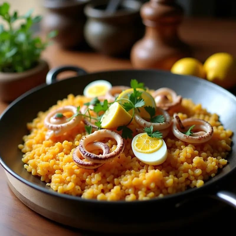 Paellera de acero con arroz a banda humeante, calamares dorados y huevo duro en rodajas, acompañados de perejil fresco y gajos de limón. Plato tradicional de pescadores de Alicante con ñoras.