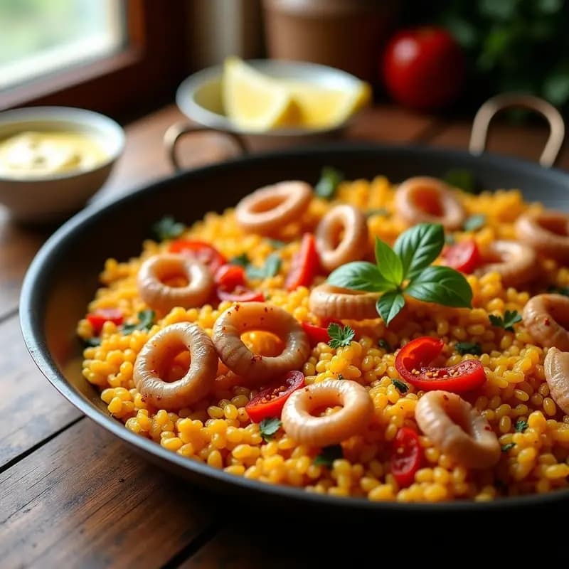 Paellera de acero con arroz a banda con calamares, plato tradicional alicantino. Arroz meloso con anillos de calamares dorados, trozos de pimiento rojo y hebras de azafrán. Acompañado de gajos de limón y alioli en un cuenco pequeño. Fondo rústico de madera con luz natural que resalta el sabor a mar.