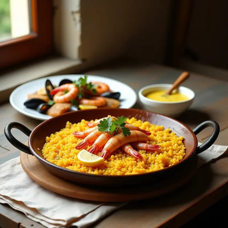 Paellera de barro con arroz a banda humeante, de color dorado por el azafrán y la ñora, servido junto a un plato aparte con gambas, calamares, mejillones y trozos de rape. Alioli cremoso en un cuenco pequeño y gajos de limón al lado. Receta tradicional alicantina de pescadores.