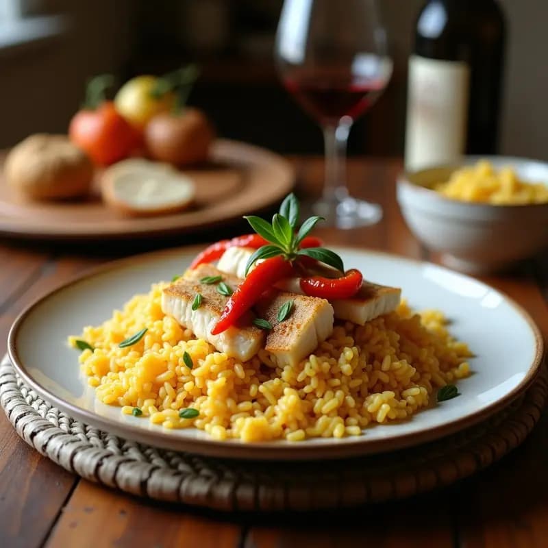 Plato hondo de barro con arroz a banda alicantino auténtico, meloso y dorado, cubierto con calamares en anillos y gambas rosadas. Decorado con hebras de azafrán y rodajas de limón, sobre un mantel rústico de lino blanco. Receta tradicional de pescado y ñoras en olla express.