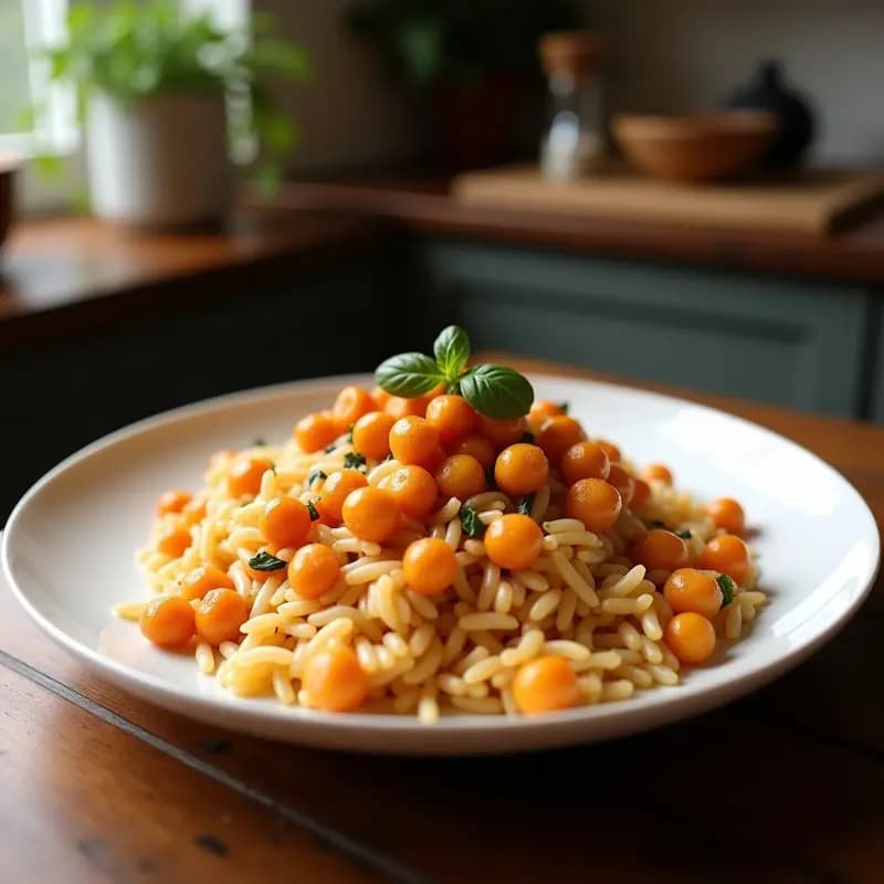 Cazuela de barro humeante con Arroz a Bandera canario, garbanzos, rodajas de morcilla de cebolla y huevos duros cortados por la mitad. Plato tradicional de Semana Santa con colores vibrantes y textura cremosa.