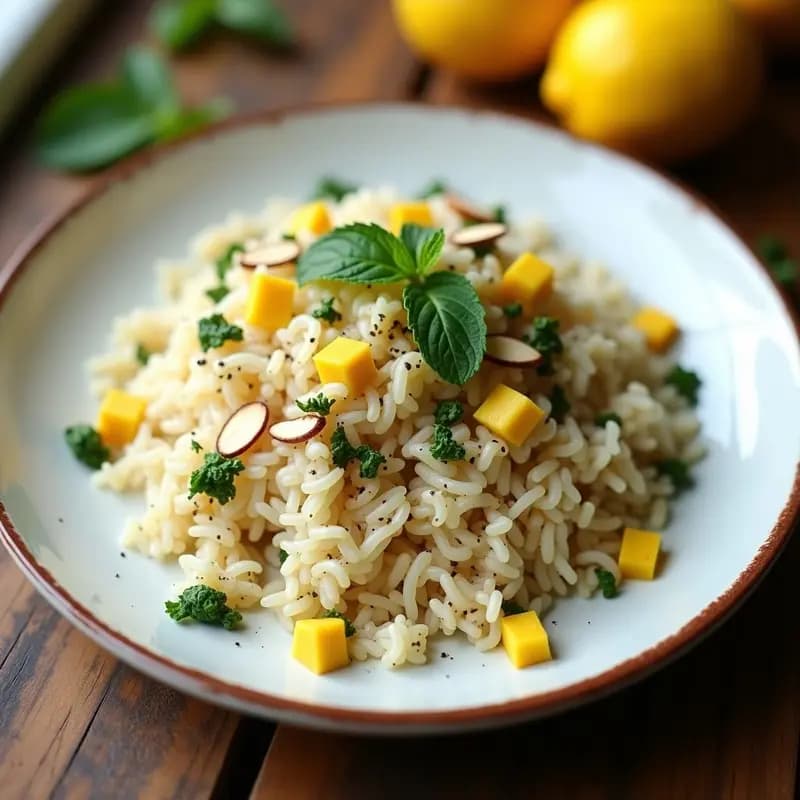Plato blanco con arroz basmati esponjoso, salpicado de za’atar, trozos dorados de limón confitado, almendras tostadas y hojas de menta fresca, típico acompañamiento libanés vegano.