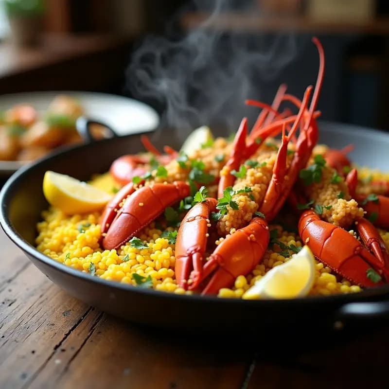 Paellera de barro con arroz con bogavante y azafrán a la marinera, bogavante troceado sobre un lecho de arroz amarillo dorado, decorado con perejil fresco y gajos de limón, receta gallega festiva y sin lactosa.