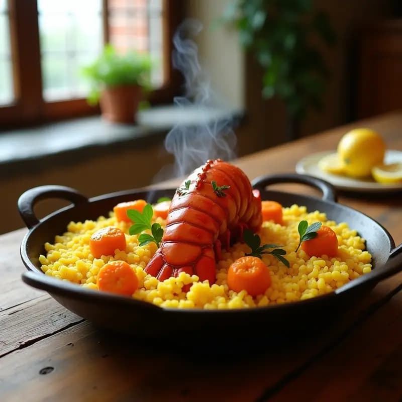 Paellera de barro con arroz con bogavante y azafrán, granos melosos y dorados, bogavante troceado encima, decorado con perejil fresco y gajos de limón, fondo rústico de cocina costera.
