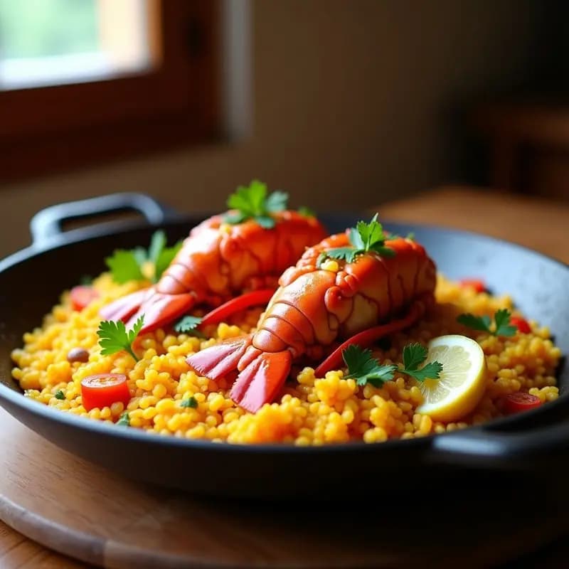 Paellera de barro con arroz con bogavante a la catalana, bogavante partido por la mitad sobre el arroz dorado, decorado con perejil fresco y gajos de limón, fondo rústico de cocina tradicional.