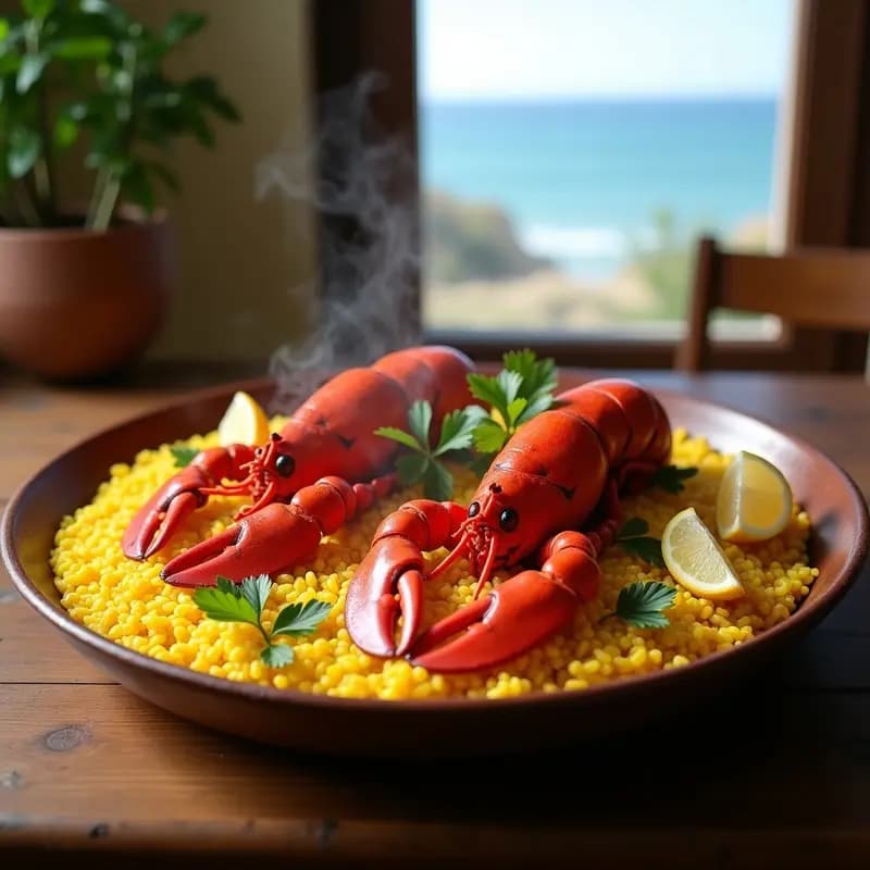 Paellera de barro con arroz dorado y bogavante entero en el centro, decorado con perejil fresco y gajos de limón, receta tradicional de la Costa Brava.
