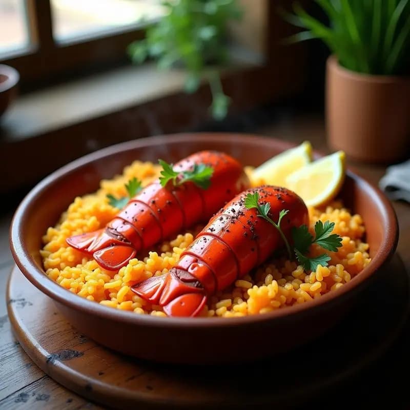 Cazuela de barro con arroz con bogavante a la gallega, colas de bogavante rojizas sobre un lecho de arroz amarillo, decorado con perejil fresco y gajos de limón, fondo rústico de madera.