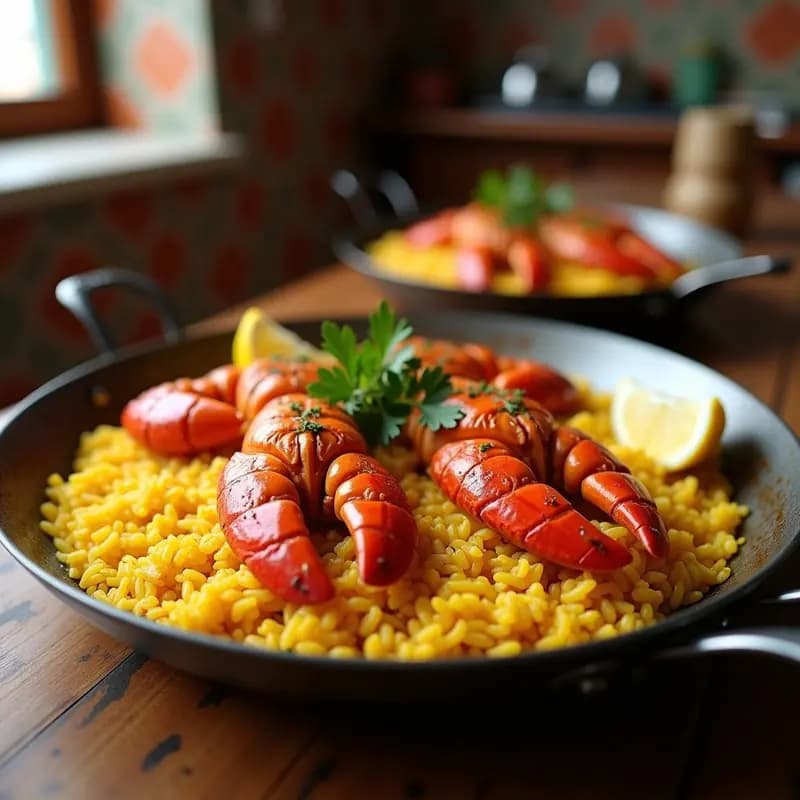Paellera de acero con arroz con bogavante recién hecho, granos sueltos y dorados, trozos de bogavante jugosos sobre el arroz, decorado con perejil fresco y gajos de limón, fondo de cocina rústica.