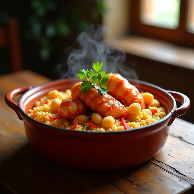 Paellera de hierro con arroz con bogavante a la zaragozana, trozos de bogavante rojo anaranjado sobre arroz amarillo dorado, decorado con perejil fresco y gajos de limón, receta casera y festiva.