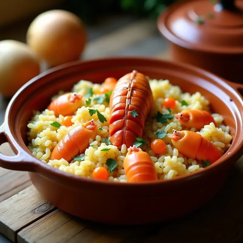 Cazuela de barro con arroz con bogavante a la zorrilla, trozos de bogavante dorado sobre arroz cremoso, decorado con perejil fresco y corales de bogavante, receta tradicional gallega de marisco.