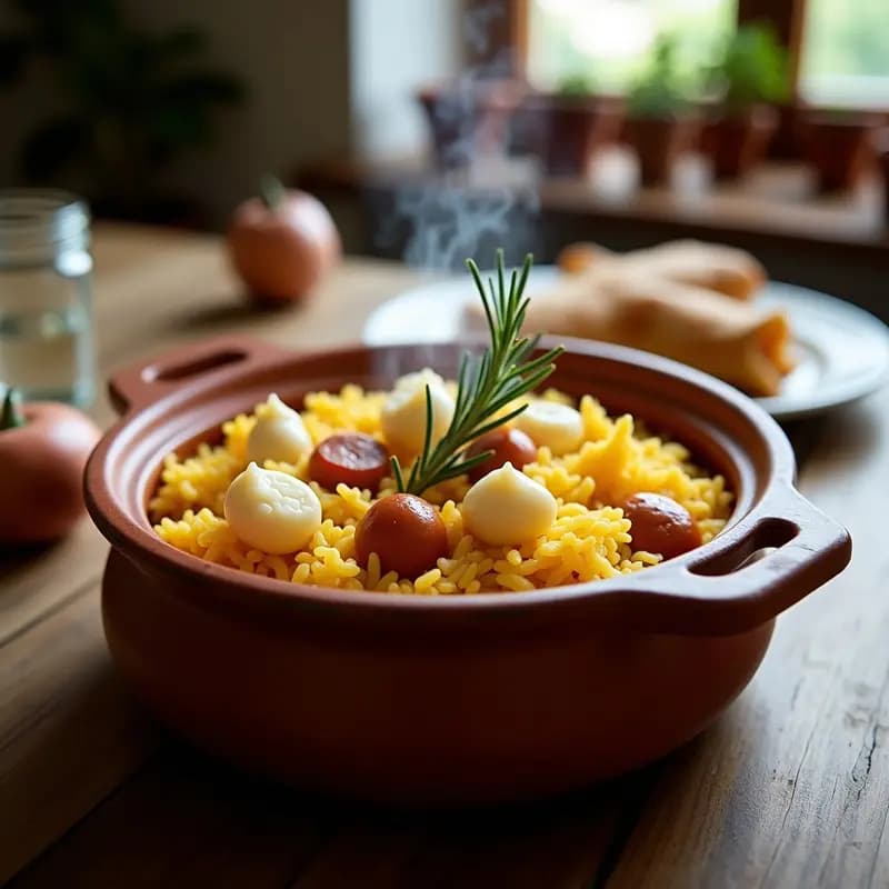 Olla de barro humeante con arroz con botifarra y garrofó, plato valenciano tradicional. Arroz meloso de color dorado, trozos de botifarra blanca y garrofó, decorado con romero fresco sobre fondo rústico de madera.