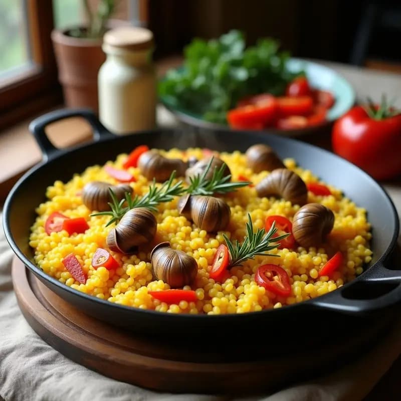 Paellera de hierro con arroz con bugre y conejo, donde se aprecian trozos tiernos de conejo, judías bugre verdes y arroz dorado con azafrán, decorado con una rama de romero fresco.