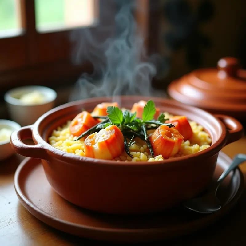 Cazuela de barro humeante con arroz caldoso de color dorado, trozos de bogavante rojo anaranjado y tiras de azusta verde oscura, decorada con perejil fresco. Plato tradicional gallego servido en ambiente rústico.