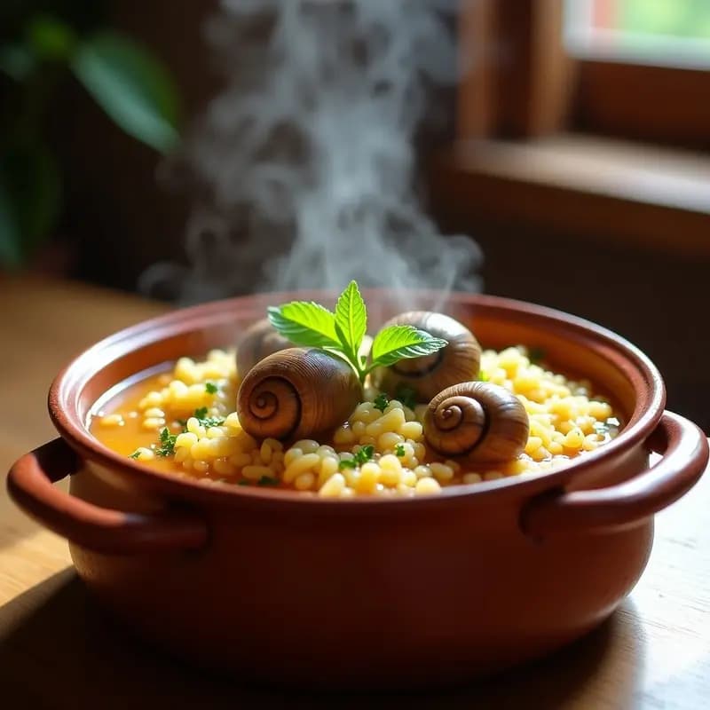 Cazuela de barro humeante con arroz caldoso valenciano, caracoles de monte, hierbabuena fresca y un caldo dorado espeso, típico plato de interior tradicional.