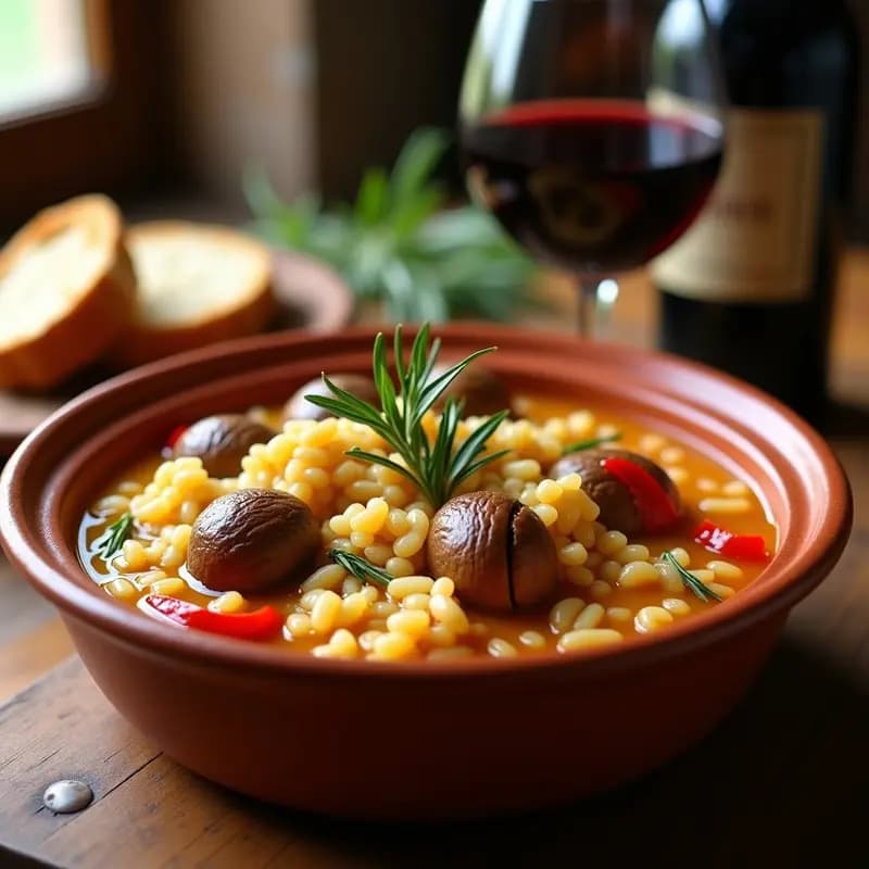 Cazuela de barro humeante con arroz caldoso, trozos de conejo y caracoles, decorada con romero fresco. Plato tradicional valenciano de monte.