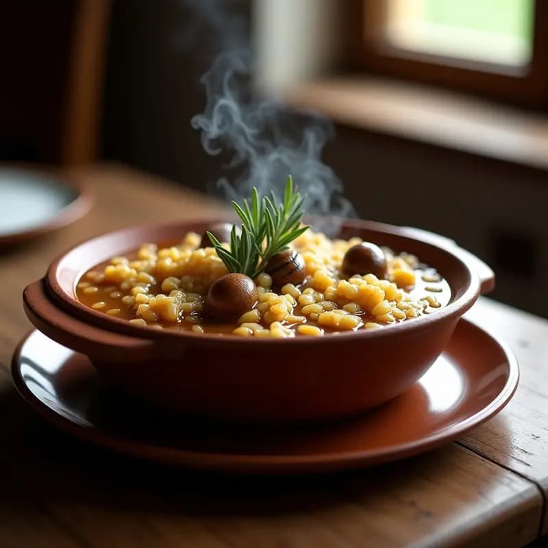 Cazuela de barro humeante con arroz caldoso con conejo y caracoles, receta de montaña Senna. Trozos de conejo dorado, caracoles y arroz bomba en un caldo espeso y aromático, decorado con ramas de romero fresco.