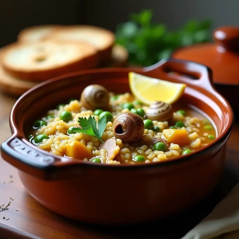 Cazuela de barro humeante con arroz caldoso valenciano, trozos de conejo dorado y caracoles, rodeada de romero fresco y pimientos asados, sobre fondo rústico de madera.