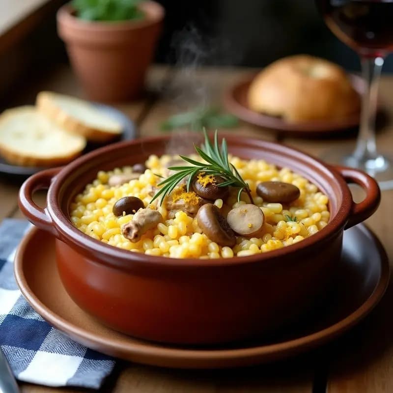 Olla de barro humeante con arroz caldoso con trozos de conejo dorado, setas silvestres y hierbas aromáticas, típico plato de montaña valenciana servido en cazuela rústica.