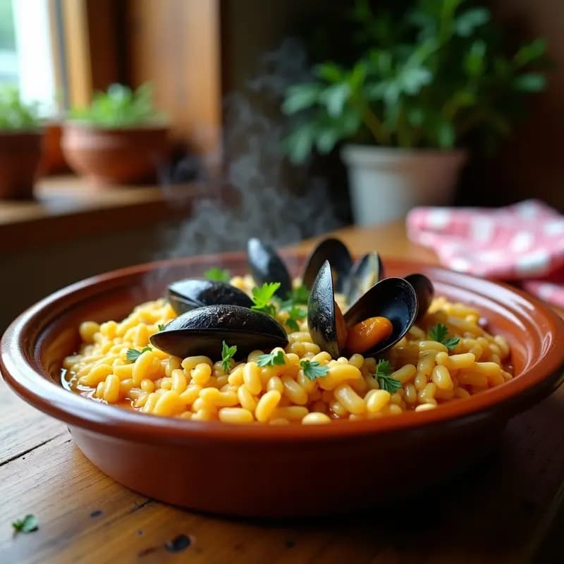 Cazuela de barro humeante con arroz caldoso con mejillones y pimentón de la Vera, decorado con perejil fresco y conchas de mejillón. Plato tradicional costero español con un caldo espeso y dorado.