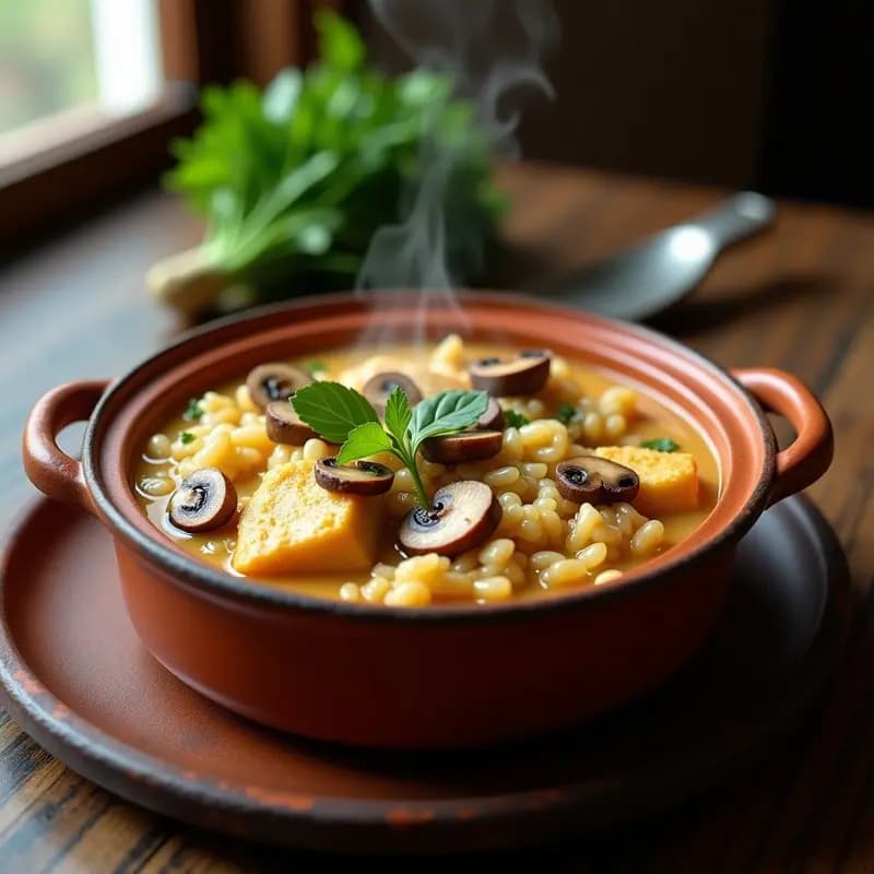 Olla de barro humeante con arroz caldoso con setas y pollo, trozos de pechuga dorada y láminas de setas brillantes, decorado con perejil fresco sobre fondo rústico de madera.