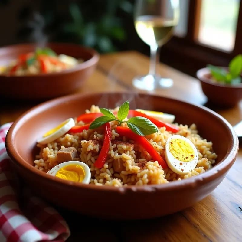 Plato hondo de barro con arroz calzado valenciano, atún en trozos, pimientos rojos asados en tiras y huevo duro en cuartos, típico de la cocina española tradicional.