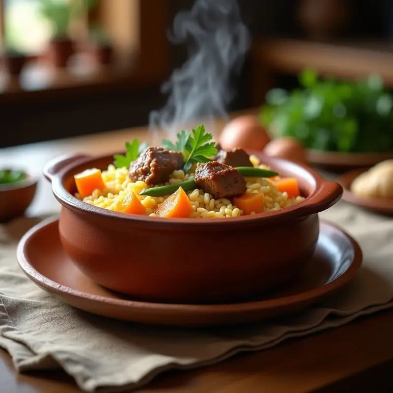 Cazuela de barro humeante con arroz a la catalana, costillas de cerdo doradas, trozos de calabaza y judías verdes, decorado con perejil fresco.