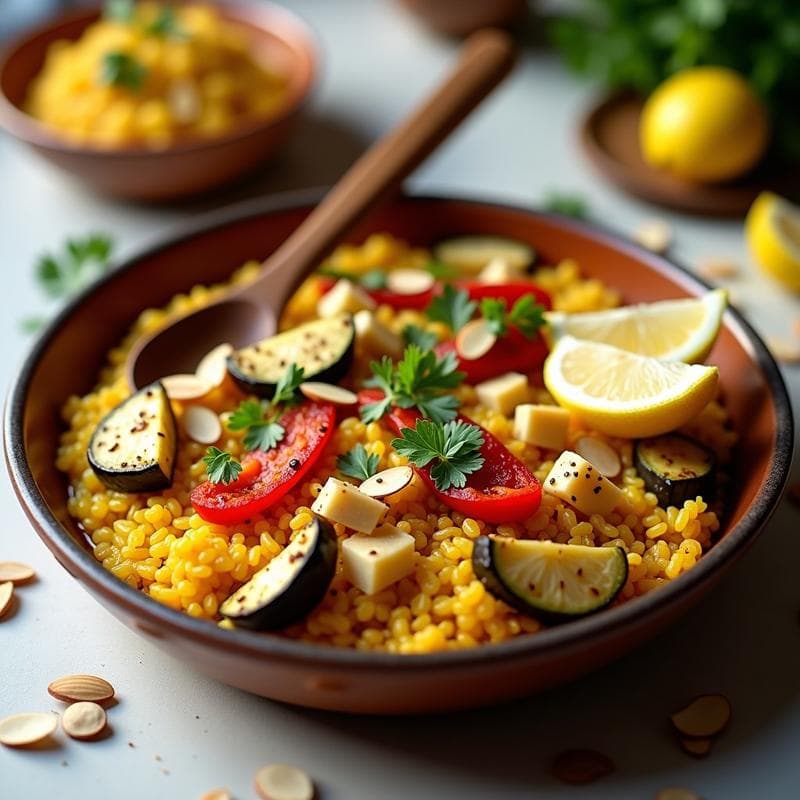 Paella vegana en plato hondo de barro con arroz de coliflor dorado, trozos de pimiento asado, calabacín y berenjena, espolvoreada con almendras fileteadas y decorada con una rama de romero.