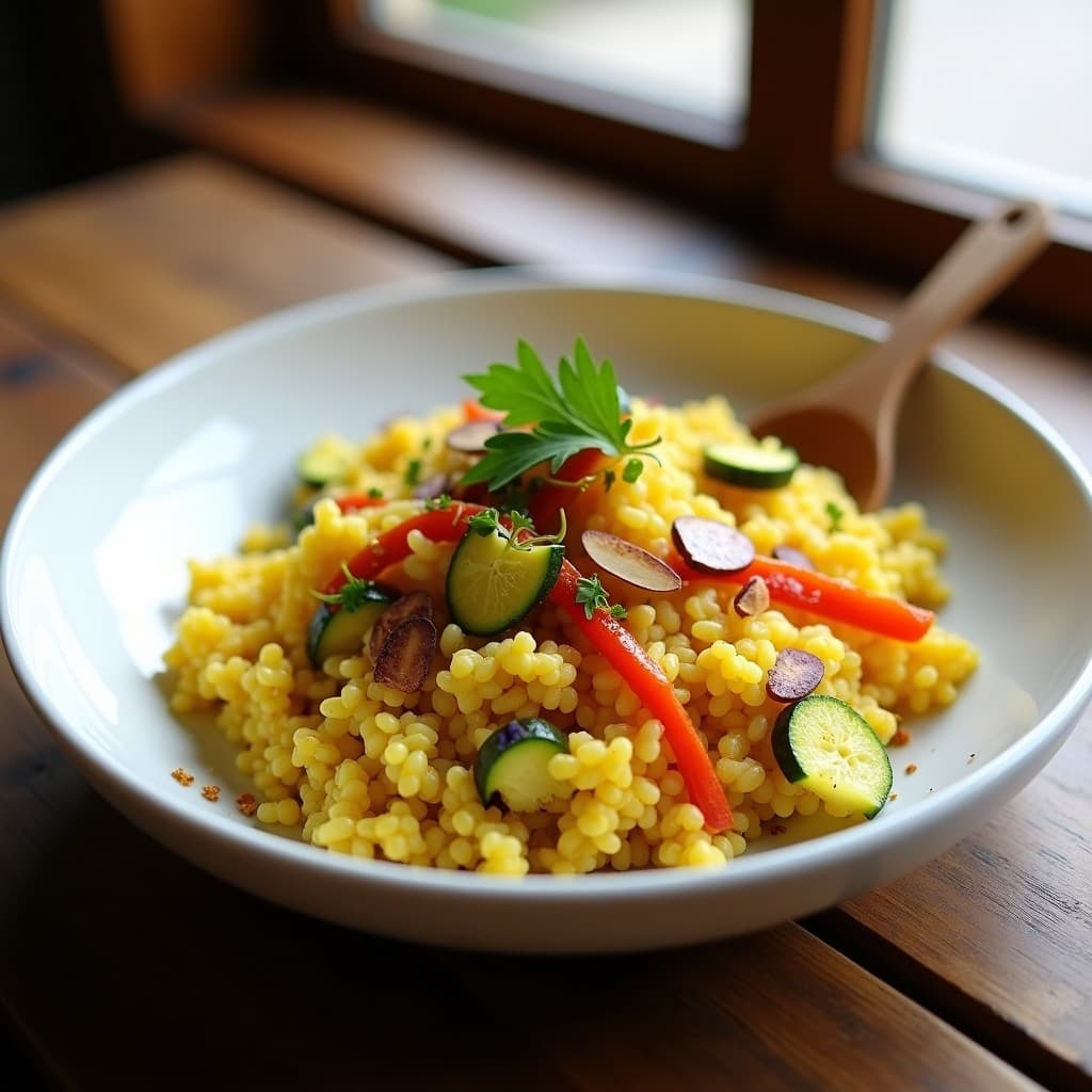 Plato hondo blanco con arroz de coliflor dorado por el azafrán, mezclado con pimiento rojo asado, calabacín verde y espinacas frescas. Decorado con almendras fileteadas tostadas y hebras de azafrán, servido con una cuchara de madera. Receta keto en olla exprés.