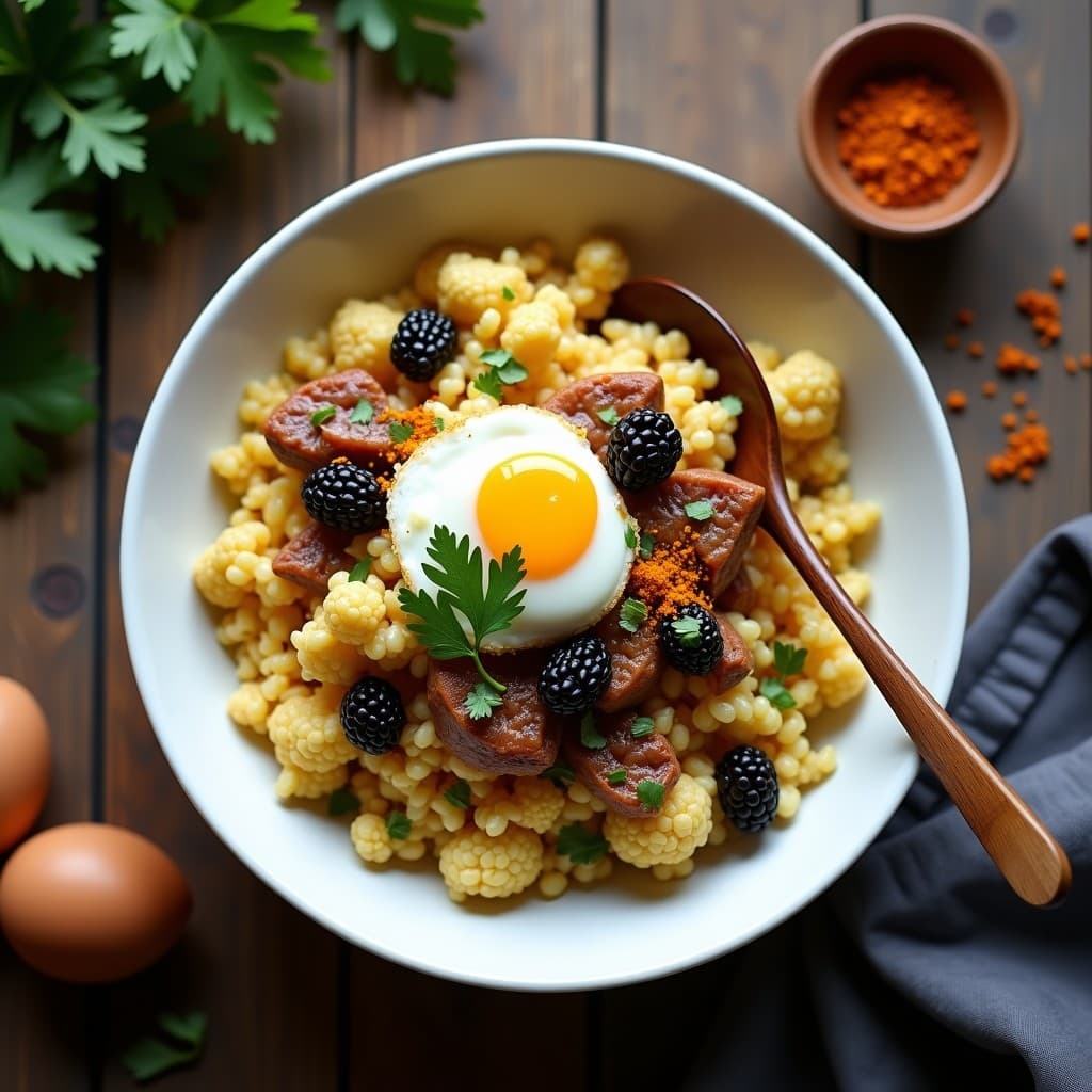 Plato hondo de cerámica blanca con arroz de coliflor salteado dorado, trozos de bruder jugoso, pasas negras y huevo revuelto. Decorado con culantro fresco y especias peruanas, sobre fondo rústico de madera.